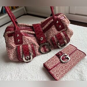 Guess Vintage Y2K Red Monogram East West Large G Logo Shoulder Bag & Wallet Set
